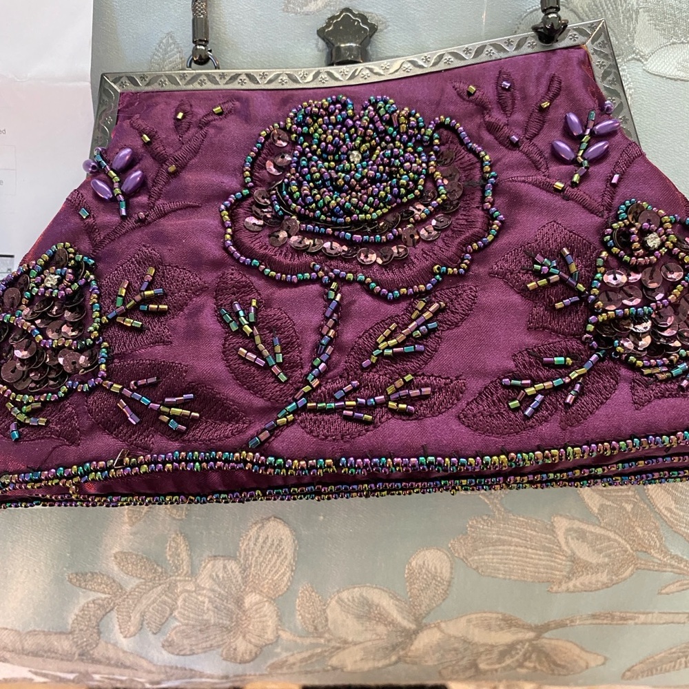 Purple Beaded Floral Clutch
